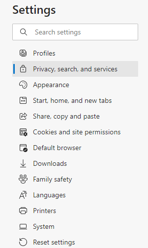 accédez à l'option Confidentialité, recherche et services dans le volet de gauche. Correction de l'erreur STATUS BREAKPOINT dans Microsoft Edge