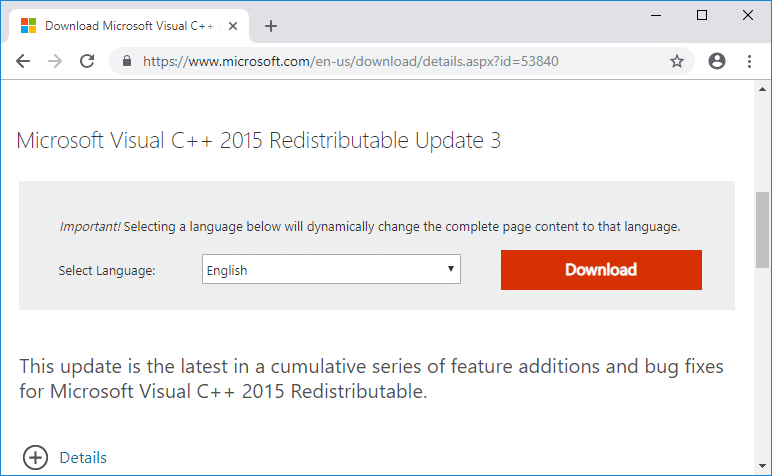 单击下载按钮下载 Microsoft Visual C++ Redistributable 包