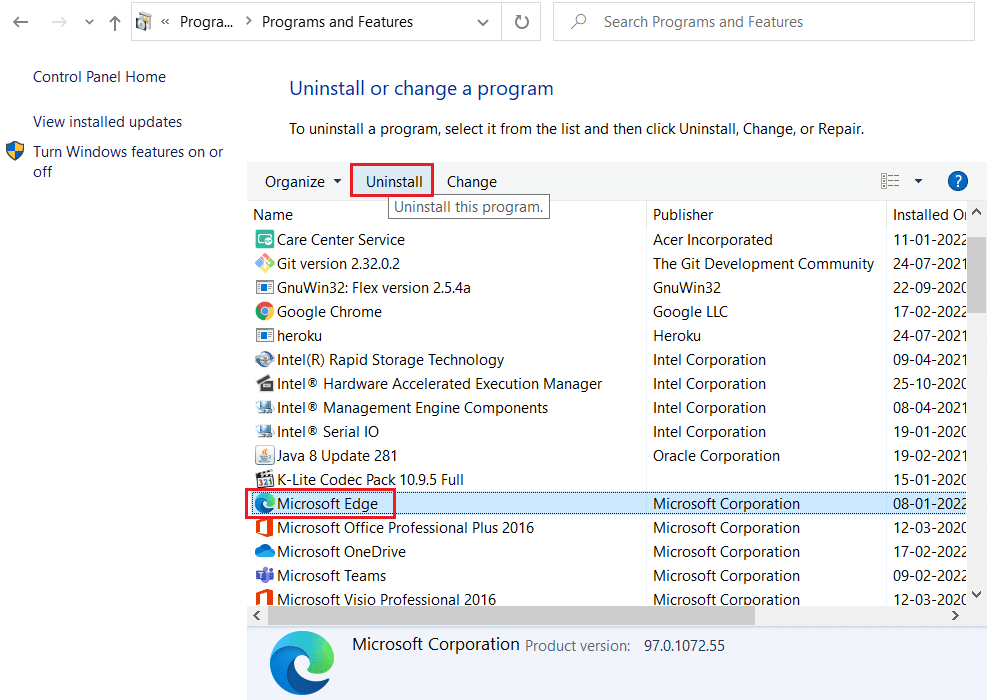 sélectionnez Microsoft Edge et cliquez sur Désinstaller dans le paramètre Programmes et fonctionnalités du Panneau de configuration. Correction de la VIOLATION D'ACCÈS AU STATUT dans Chrome