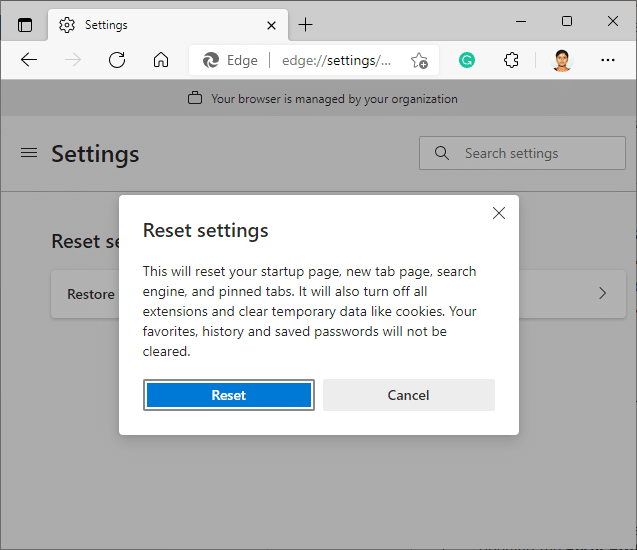 Maintenant, confirmez l'invite en cliquant sur Réinitialiser. Correction de la VIOLATION D'ACCÈS AU STATUT dans Chrome