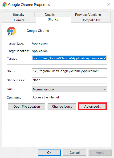 dans l'onglet Raccourci, cliquez sur Avancé. Correction de la VIOLATION D'ACCÈS AU STATUT dans Chrome