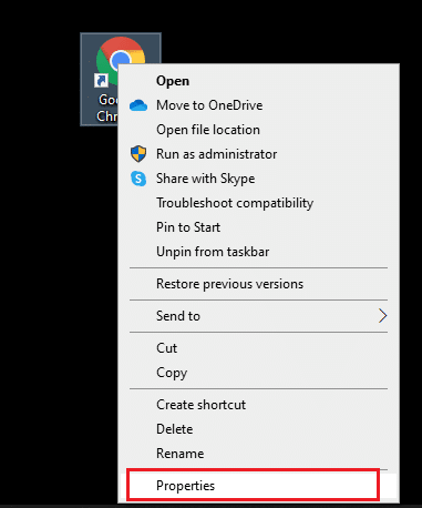 Maintenant, cliquez sur l'option Propriétés. Correction de la VIOLATION D'ACCÈS AU STATUT dans Chrome