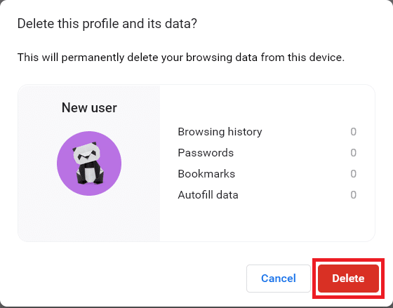 vous recevrez une invite affichant, Cela supprimera définitivement vos données de navigation de cet appareil. Continuez en cliquant sur Supprimer.