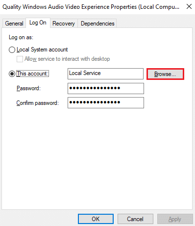 Lorsque cela se produit, passez à l'onglet Connexion dans la fenêtre Propriétés de l'expérience audio vidéo de qualité Windows et cliquez sur le bouton Parcourir…