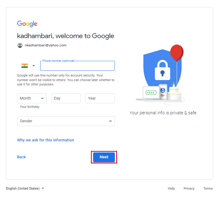 Inserisci tutti i dettagli obbligatori e seleziona Avanti | Come creare un account YouTube senza Gmail