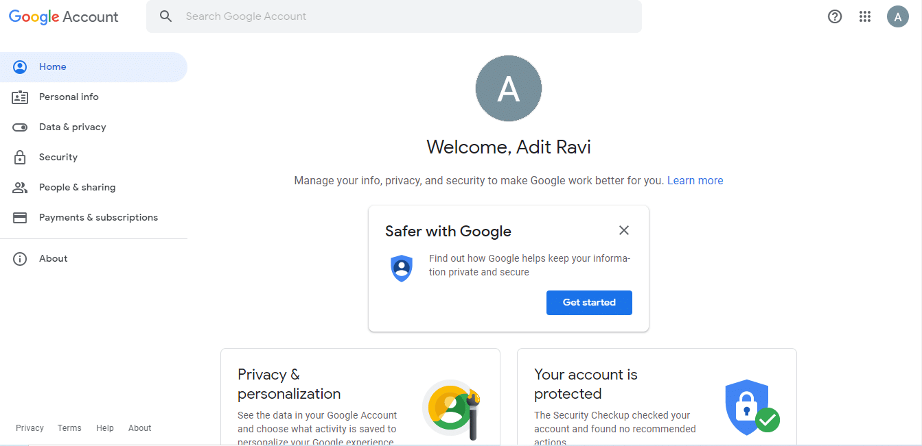 Si apre la pagina dell'Account Google | Come creare un account YouTube senza Gmail