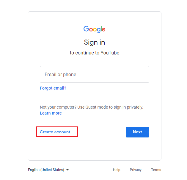 Fare clic sull'opzione Crea account | Come creare un account YouTube senza Gmail