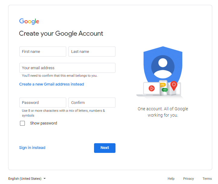 Compila le informazioni nella pagina di creazione dell'account Google.
