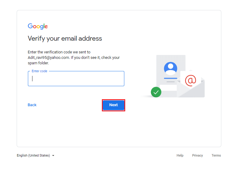 Inserisci il codice per verificare l'indirizzo email | Come creare un account YouTube senza Gmail