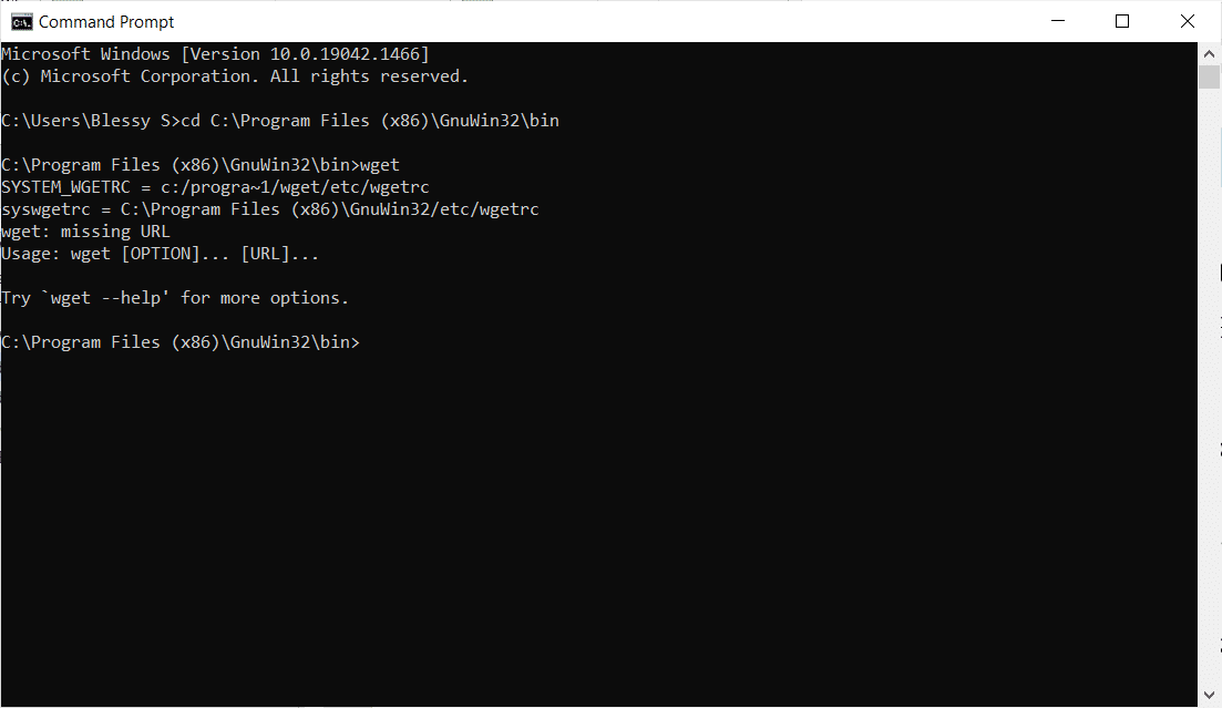 Tastați comenzile pentru a executa wget | WGET pentru Windows 10