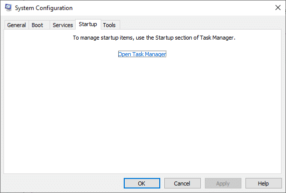 次に、[スタートアップ]タブに切り替えて、[タスクマネージャーを開く]へのリンクをクリックします。 Windowsエラー0の修正ERROR_SUCCESS操作が正常に完了しました