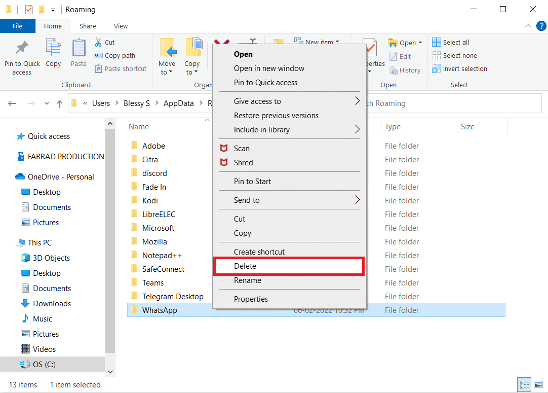 フォルダを右クリックして削除します。 Windowsエラー0を修正するERROR_SUCCESS