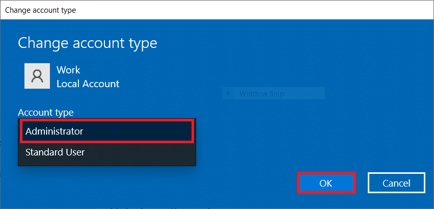 [管理者]を選択して[OK]をクリックします。 Windowsエラー0の修正ERROR_SUCCESS操作が正常に完了しました