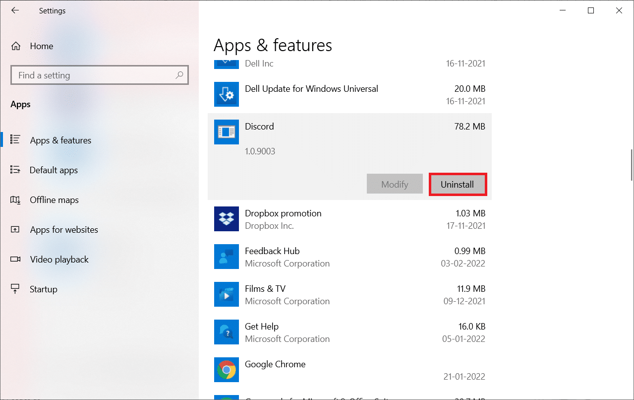下にスクロールして、Discordを選択します。次に、[アンインストール]をクリックします。 Windowsエラー0の修正ERROR_SUCCESS