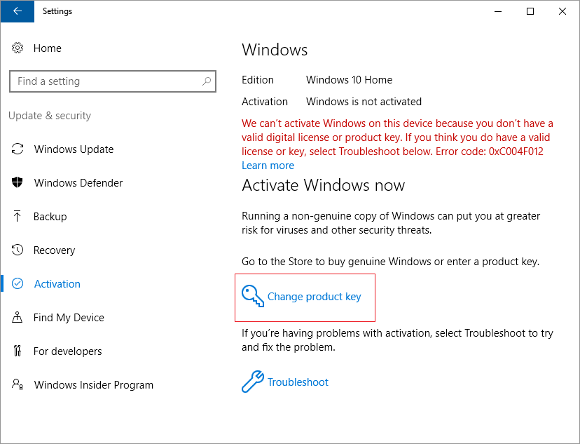 Nu putem activa Windows pe acest dispozitiv deoarece nu aveți o licență digitală validă sau o cheie de produs