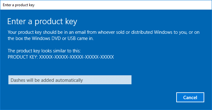 Introduceți o cheie de produs Activare Windows 10