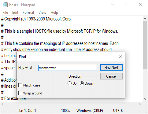 ここで、[検索する文字列]タブに「Teamviewer」と入力し、図のように[次を検索]をクリックします。 Teamviewerの準備ができていない問題を修正し、接続を確認します