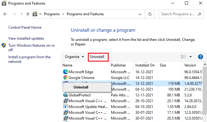 次に、TeamViewerをクリックして、[アンインストール]オプションを選択します。 Windows10でTeamviewerが接続しない問題を修正