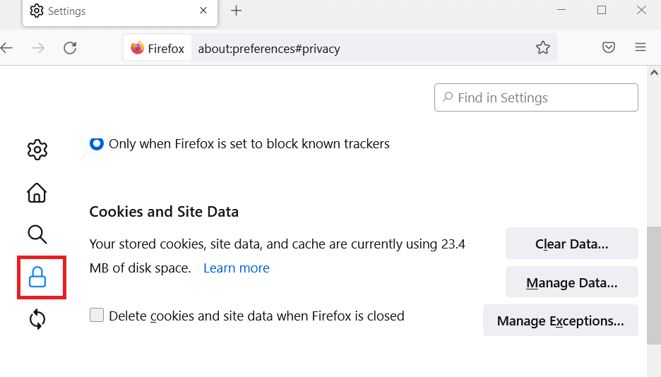 点击隐私和安全选项。修复 Firefox 已经在运行