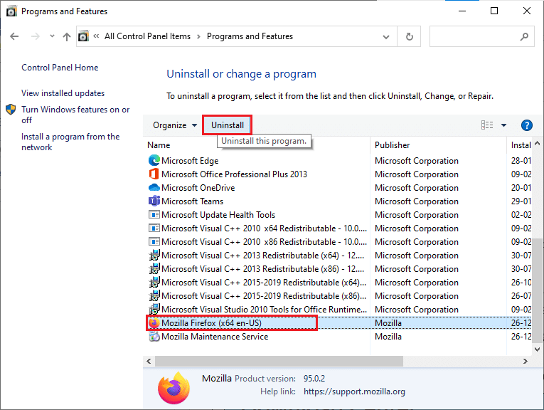 单击 Firefox 并选择卸载选项