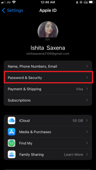 toque em Segurança de senha. Corrigir erro de falha na verificação ao conectar-se ao servidor de ID da Apple