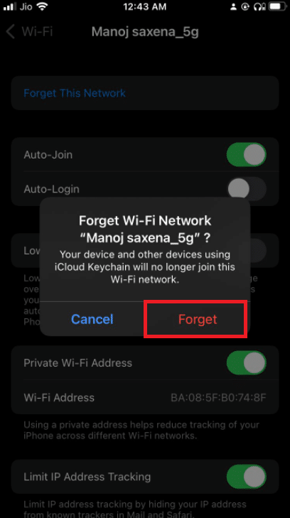 escolha Esquecer. Corrigir erro de falha na verificação ao conectar-se ao servidor de ID da Apple