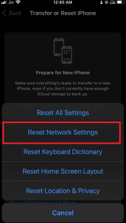Toque em Redefinir configurações de rede. Corrigir erro de falha na verificação ao conectar-se ao servidor de ID da Apple