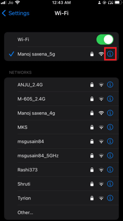 Toque no botão de informações. Corrigir erro de falha na verificação ao conectar-se ao servidor de ID da Apple
