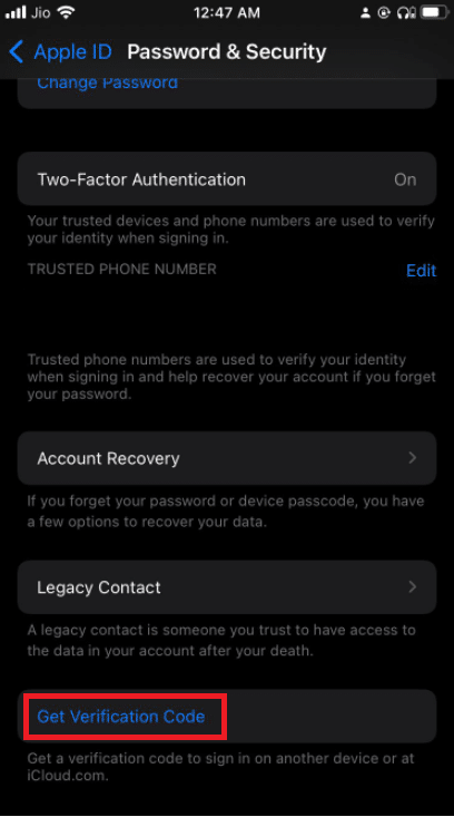 toque em Obter código de verificação