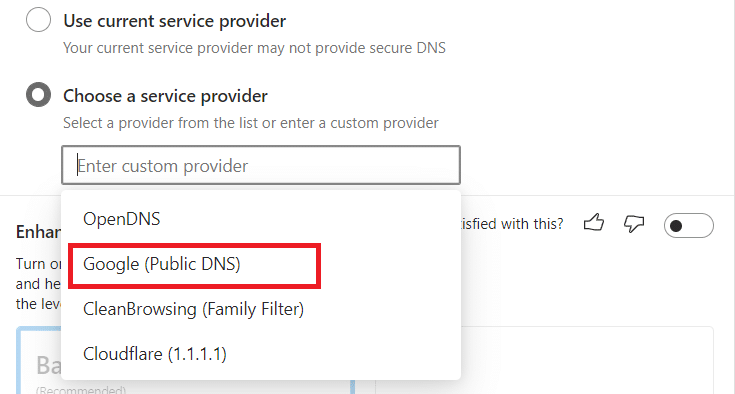 Selecione um provedor na lista do menu suspenso