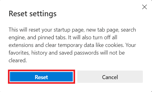confirme o prompt clicando em Redefinir
