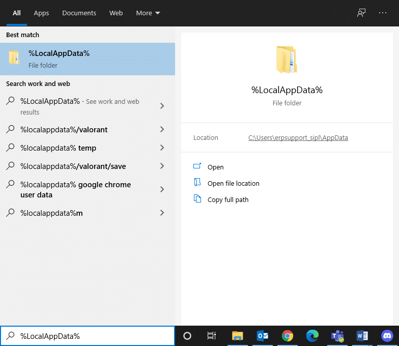 Abra LocalAppData na barra de pesquisa do Windows