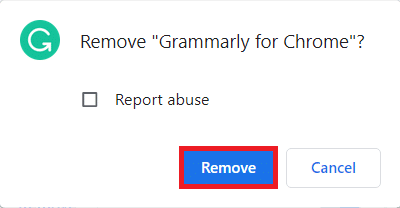 Solicitação de confirmação para remover a extensão do Chrome