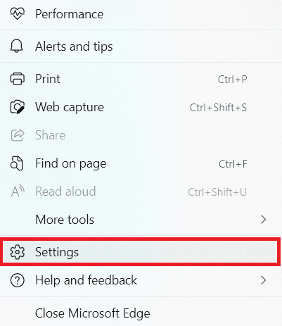 Clique na opção Configurações do ícone de três pontos no navegador Edge | RESULT_CODE_HUNG