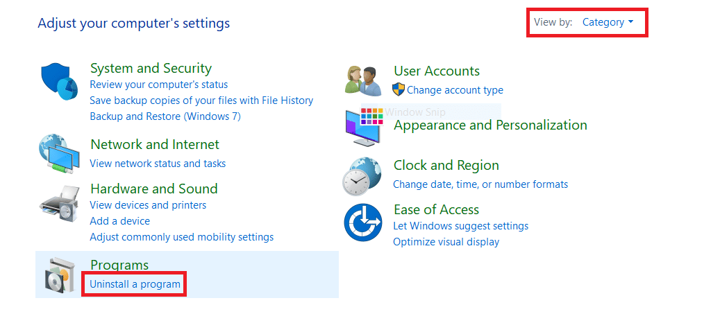 Defina Exibir por como categoria e clique em Desinstalar um programa | RESULT_CODE_HUNG