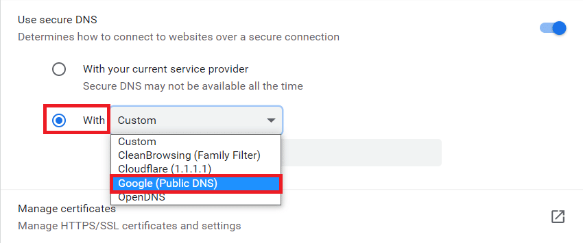 Selecione Google (DNS público) no menu suspenso