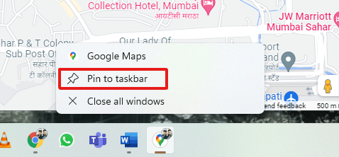 تم تثبيت اختصار خرائط Google على شريط المهام