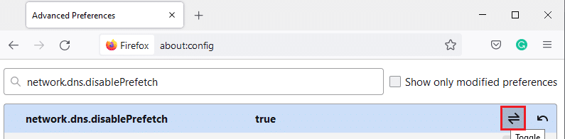 ここで、トグルボタンをFalseからTrueに回します。 Firefox接続リセットエラーを修正