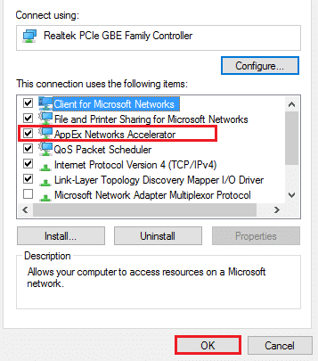 イーサネットアダプタのプロパティでAppExNetworksAcceleratorのチェックを外します。 Firefox接続リセットエラーを修正