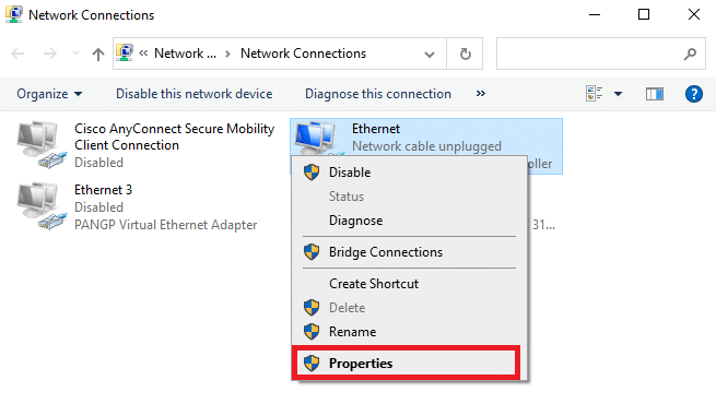 次に、ネットワークを右クリックして、[プロパティ]をクリックします。 Firefox接続リセットエラーを修正