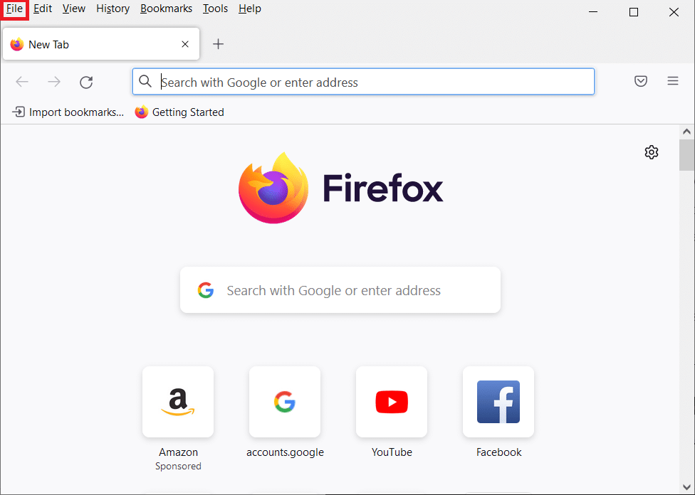 画面の右上隅にある[ファイル]をクリックします。 Firefox接続リセットエラーを修正