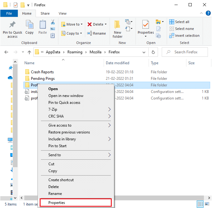 次に、プロファイルフォルダを右クリックして、[プロパティ]オプションを選択します。 Firefoxが応答しない問題を修正する