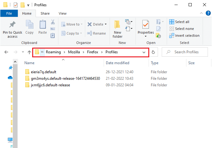上記の方法で説明したように、WindowsエクスプローラーでFirefoxプロファイルフォルダーに移動して、Firefoxプロファイルフォルダーを開きます。 Firefoxが応答しない問題を修正する