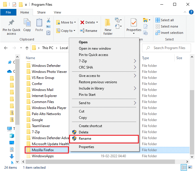 Mozilla Firefoxフォルダを右クリックして、[名前の変更]オプションを選択します。フォルダの名前を古いファイルのような名前に変更します