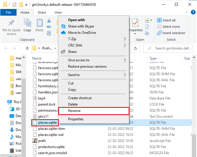次に、places.sqliteを右クリックして、places.sqlite.oldのような名前に変更します。