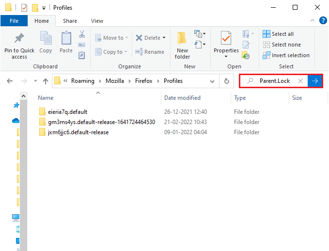 次に、[プロファイルの検索]フィールドに入力して、Parent.Lockファイルを見つけます。