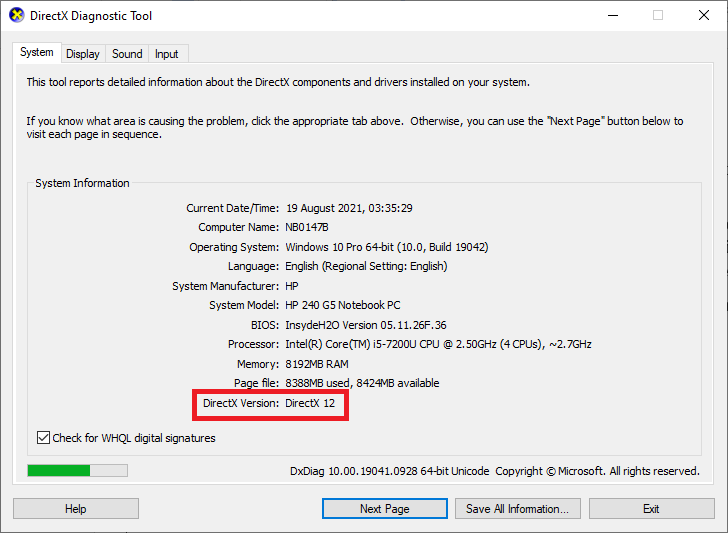 หน้าจอต่อไปนี้จะปรากฏขึ้นเมื่อระบบของคุณมีเวอร์ชัน DirectX 12 อยู่แล้ว
