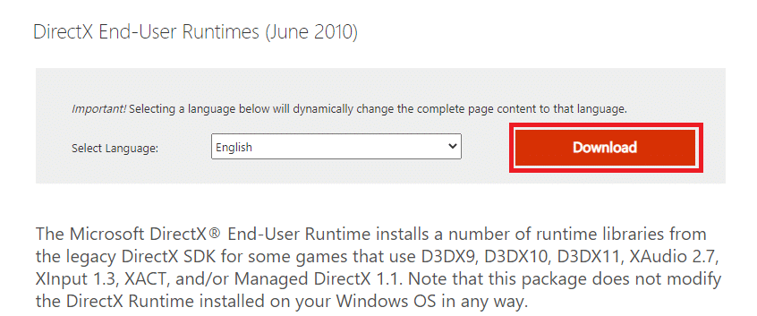 ไปที่หน้า Microsoft Download Center เพื่อดาวน์โหลด DirectX End-User Runtimes มิถุนายน 2010 วิธีแก้ไข DX11 คุณลักษณะระดับ 10.0 เป็นสิ่งจำเป็นเพื่อเรียกใช้ข้อผิดพลาดของเครื่องยนต์