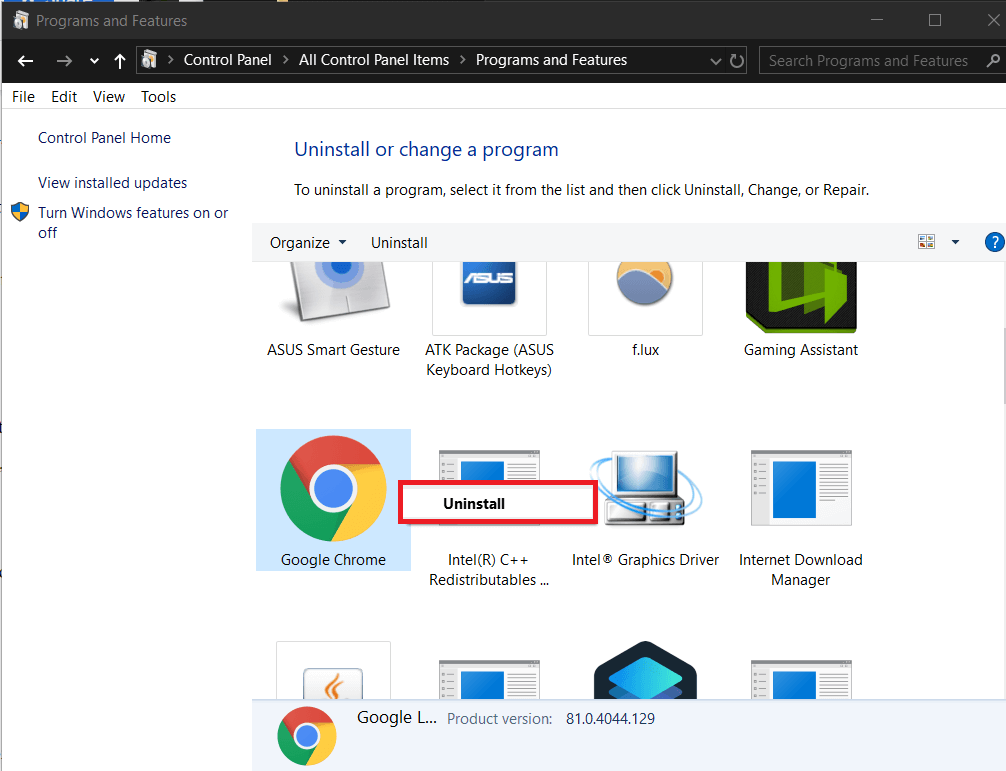 Faites un clic droit dessus. Sélectionnez Désinstaller | Correction de l'erreur Aw Snap sur Google Chrome
