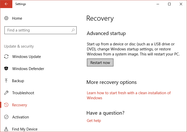 单击 Recovery | 中 Advanced startup 下的 Restart now修复 Windows 10 上的时钟看门狗超时错误